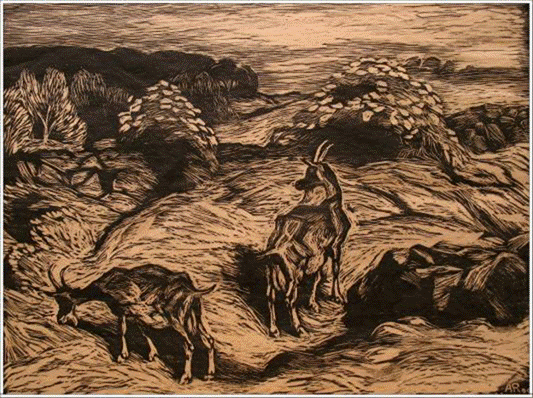 Title: Goats in a Swedish Landscape by Aage Roose - Description: Woodcut by Aage Roose circa 1920 featuring goats in a landscape.