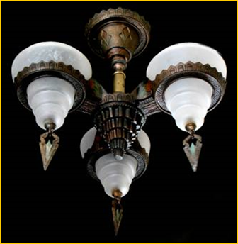 Title: Antique Lighting - Description: 1930s original finish three light slipshade chandelier by the Gill Glass Co.