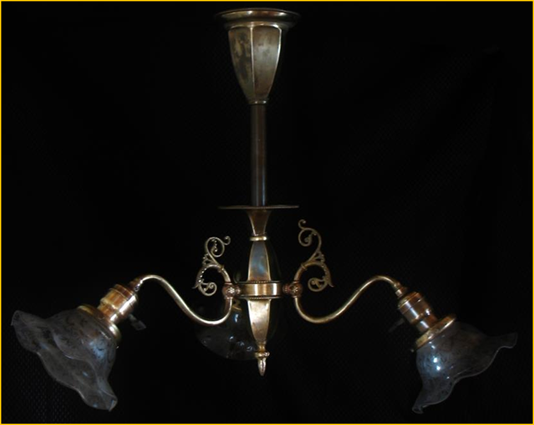 Title: Yukon Gold Rush House Light Fixture - Description: Silver plated three light parlour fixture with original etched glass shades, sent to the Yukon.