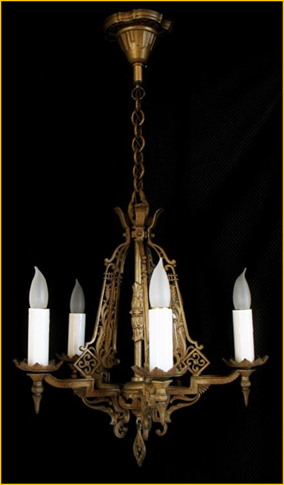 Title: Five Light Antique Chandelier - Description: Heavy cast candelabra type 1920s chandelier now at Winnipeg, Manitoba.