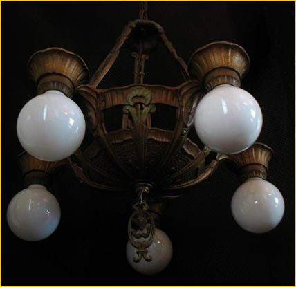 Title: Five Light cast antique chandelier - Description: Bulb style cast ceiling fixture with intricate details and original finish, circa 1920s. Antique Lighting
