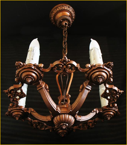 Title: Tudor Revival Lighting, Georgia - Description: Five light candelabra style chandelier, intrcate casting and original candle sleeves, 1930s.