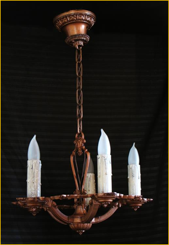 Title: Five Light Antique Chandelier - Description: 1930s Tudor revival ceiling fixture, candelabra style five light with intricate casting and original candle sleeves.
