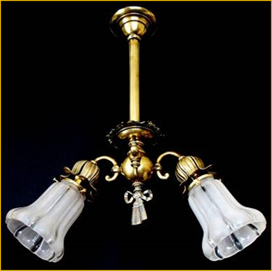 Title: Victorian Light Fixture - Description: Late 1800s brass two- light fixture, formerly gas and electric. Floral and bow pattern in brass with pressed glass,fluted, Sheffield style shades.New York.