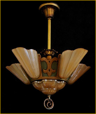 Title: Six Light Markel Slip Shade Chandelier - Description: Original Gothic/Deco gold and greenl finish 1930s Markel slip shade chandelier with amber glass bottom center and five wing shades.
Halifax Antique Lighting from Harris House 