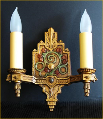 Title: Tudor Wall Sconce - Description: Double candle style wall sconce with original polychrome finish, Art Deco/Tudor Revival style, circa 1930.