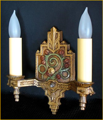 Title: Antique Candle Wall Sconce - Description: Double candle Tudor Revival style wall sconce with original antique gold, green and red finish. Made by Markel, circa 1930.