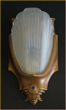 Title: Antique Wall Sconce - Description: 1930s Art Deco slip shade chevron wall sconce by Markel. Frosted whhite glass shade and antique gold finish.