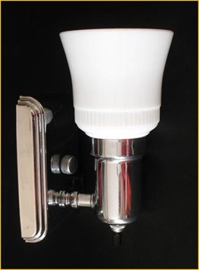 Title: Chrome 1930s wall sconce - Description: Art Deco bathroom wall sconce, chrome finish with white cup style glass shade. 