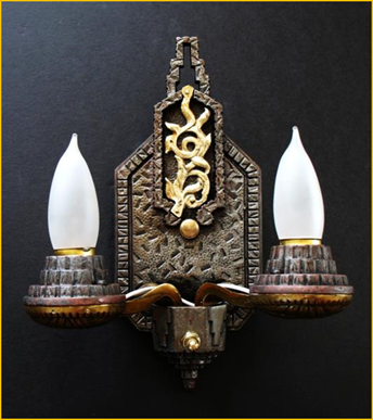 Title: Gothic Wall Sconce - Description: 1920 Wall Sconce, cast iron in a pewter finish with gold rose decoration and trim, double candle style.