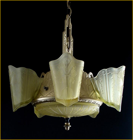 Title: Antique Lighting Winnipeg - Description: Six art dec light slip shade chandelier by Dinalite, circa 1935, originally from a Winnipeg home.