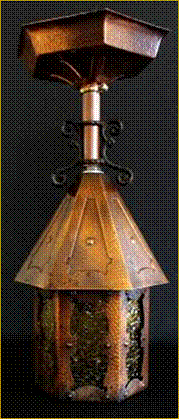 Title: Copper porch light circa 1900 - Description: Copper ceiling mount genuine antique porch light with six amber glass panels 