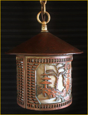 Title: Asian Theme Antique Entry Light Fixture - Description: Cast metal Oriental lady theme porch or entry pendant with curved slag glass and heavy canopy, early 1900s